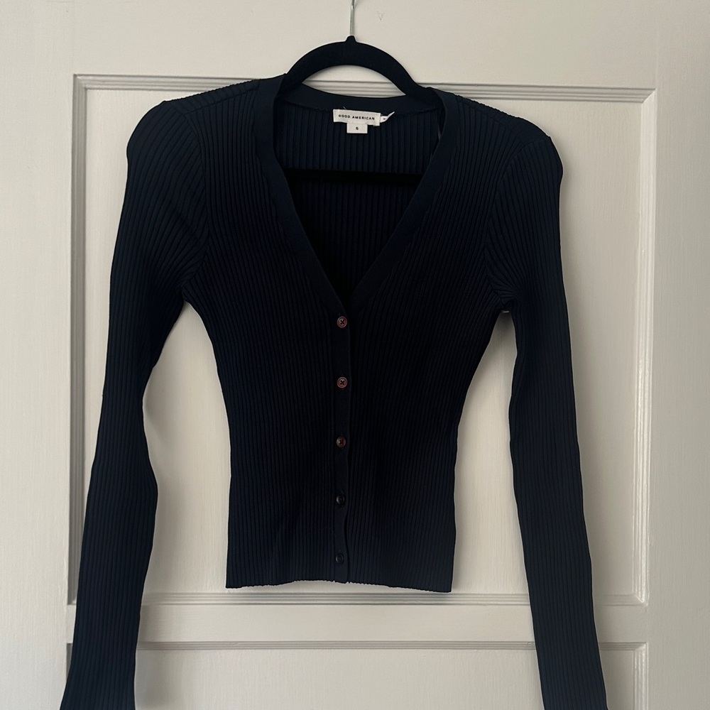 Good American Navy Ribbed Cardigan, S